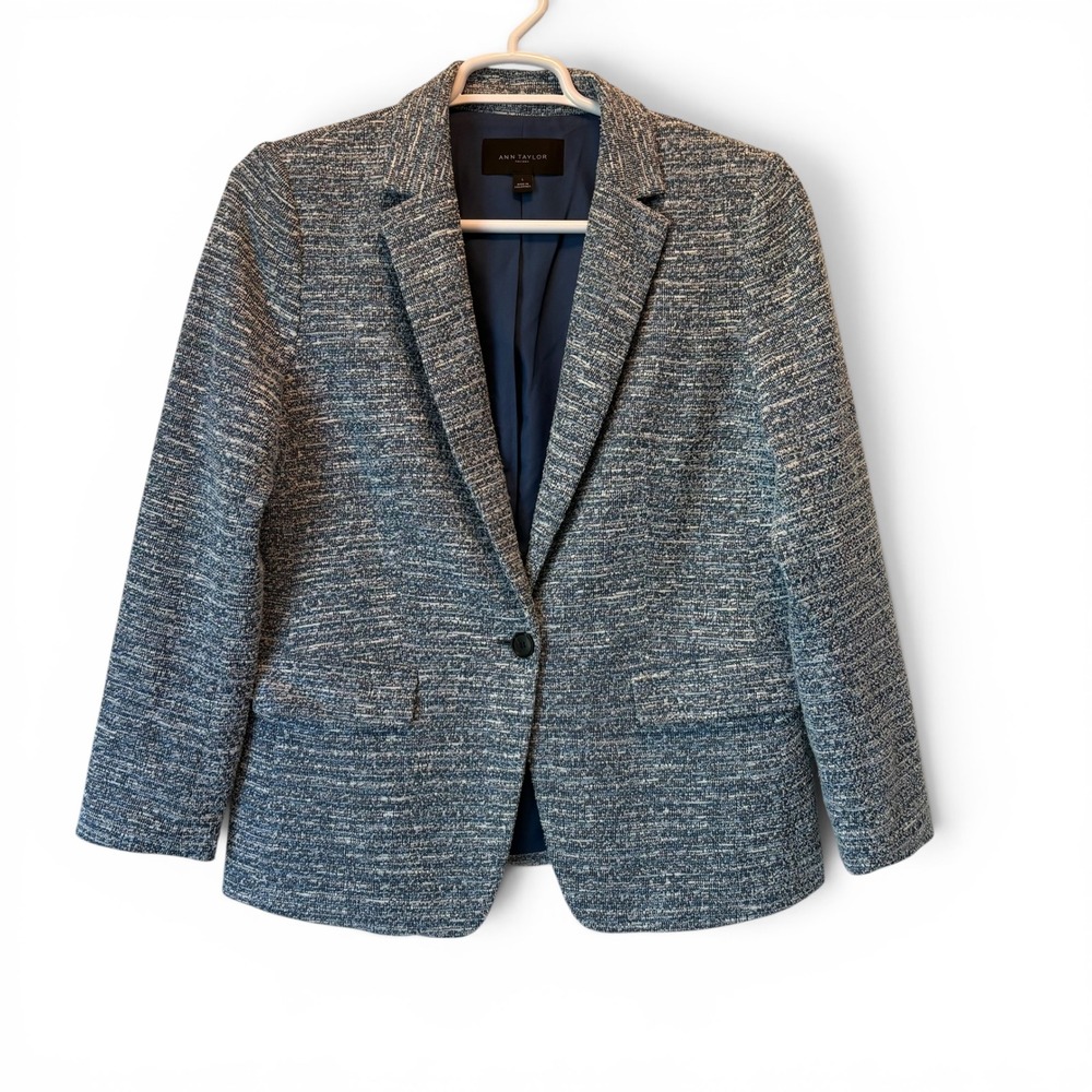 Ann Taylor Factory Blue White Tweed Single Button Blazer Jacket L